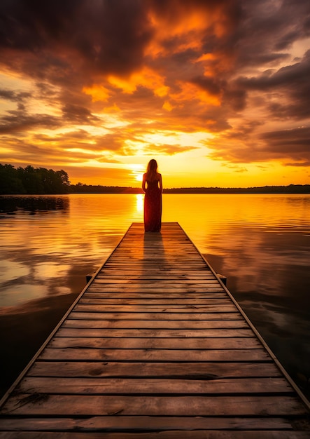 Photo solitude at sunset a graceful figure on a rustic dock