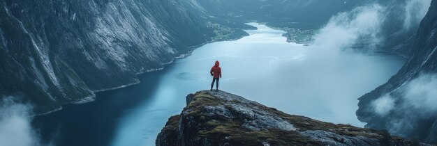 Photo solo adventurer gazing at the majestic norwegian fjord a lone figure stands on a clifftop ove