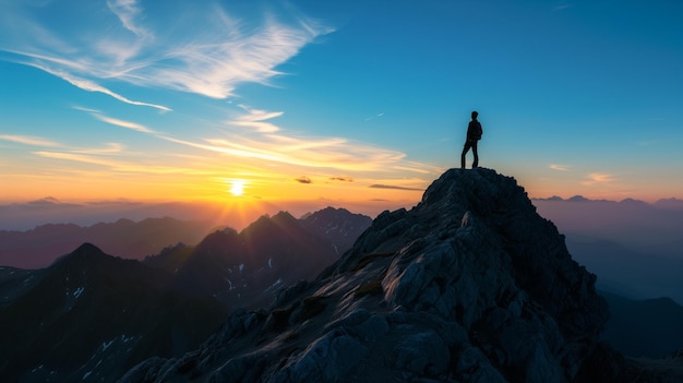 Solo adventurer standing atop a mountain peak during a picturesque sunrise symbolizing achievement e