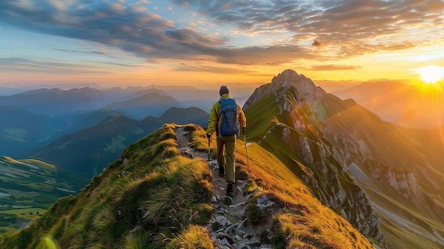 A solo hiker reaching a mountain ridge at sunset vibrant sky