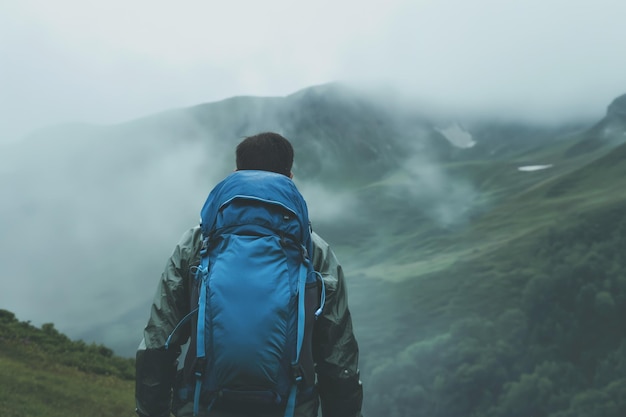 Photo solo hiker with blue backpack in foggy mountain landscape during misty morning