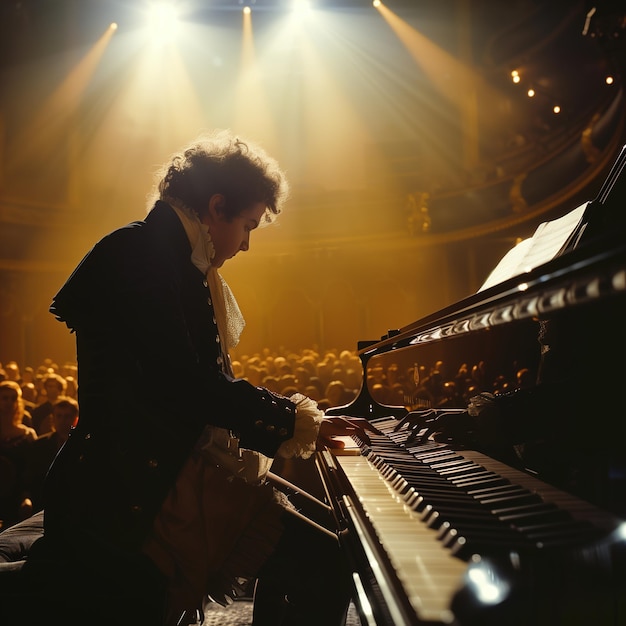 A Solo Performance by Wolfgang Amadeus Mozart on a Grand Piano in a Concert Hall