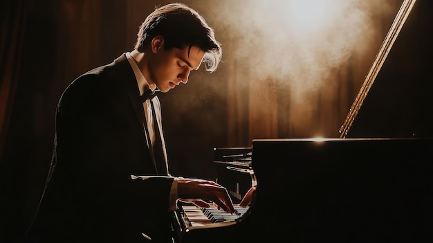 Photo solo pianist performing on a grand piano in an empty concert hall under dramatic lighting