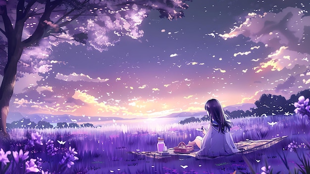 Solo Picnic in a Lavender Field at Sunset with a Girl in a Dress