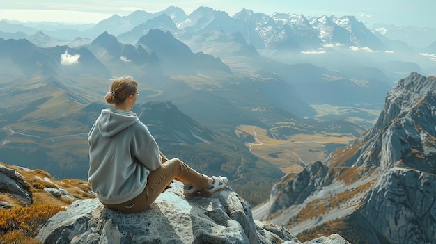 A solo traveler admiring a stunning mountain vista from a scenic overlook their expression filled with awe and contentment at the beauty of nature encountered during their journey