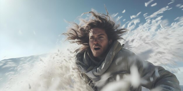 Photo solo traveler battles strong winds and icy conditions atop snowcovered mountain concept outdoor adventure solo traveler mountain expedition extreme weather nature photography