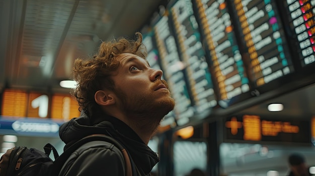 Solo Traveler Contemplating Airport Flight Schedule