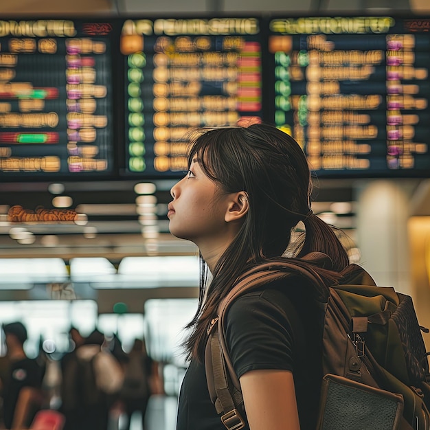 Solo Traveler Contemplating Airport Flight Schedule