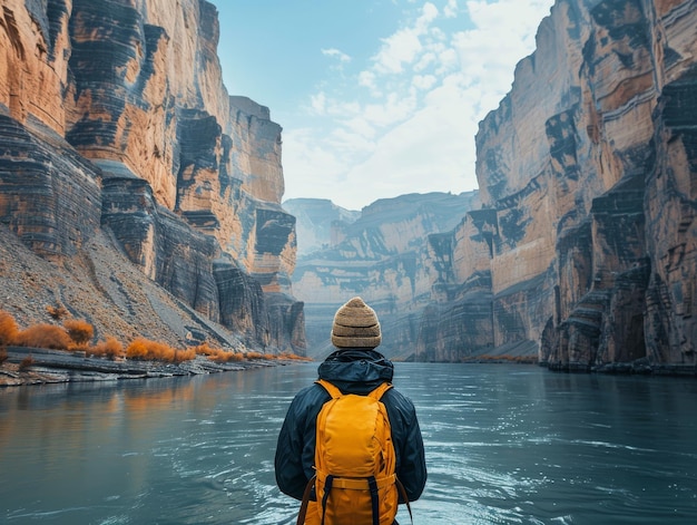 Solo Traveler Exploring Majestic River Canyon with BackpackA solo traveler wearing a yellow backpack