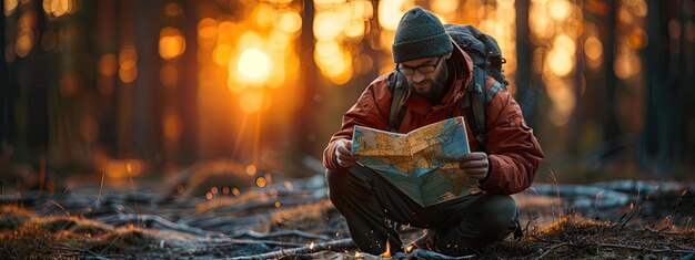 Photo solo traveler in wilderness without technology navigating with map