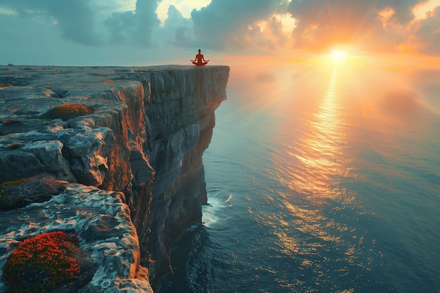 Photo solo yoga practice on a cliffside during a sunset over the ocean