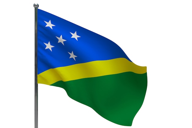 Solomon Islands flag on pole. Metal flagpole. National flag of Solomon Islands 3D illustration on white