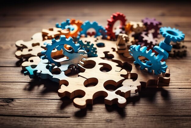 Photo solving the problem concept puzzles and cogwheels wooden gears under the puzzle the concept of moving to the next level