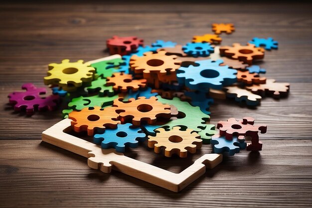 solving the problem concept puzzles and cogwheels wooden gears under the puzzle the concept of moving to the next level