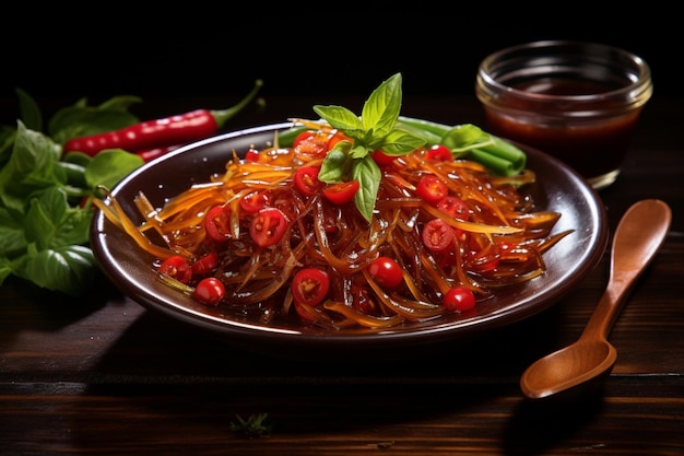 Photo som tam with a splash of cranberry juice yummy delicious som tam food image photography