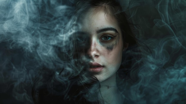 Somber girl with smeared makeup in smoke A somber young girl with smeared makeup surrounded by blue smoke engenders a sense of mystery