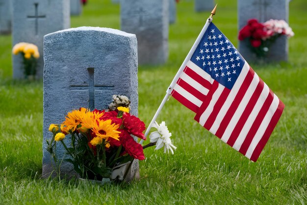 A somber scene with gray gravestone American flag and colorful flowers honoring the departed