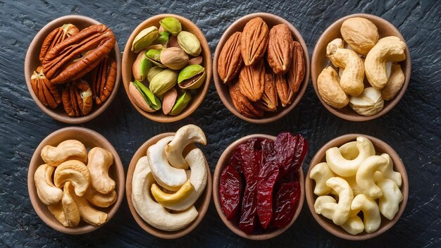 Some of assorted nuts and dried fruits with pecan pistachios almond peanut cashew pine nuts to