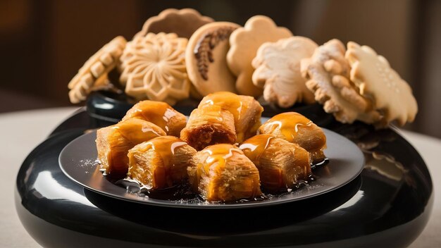 Some baklava with cookies on background on a black rounded platform side view