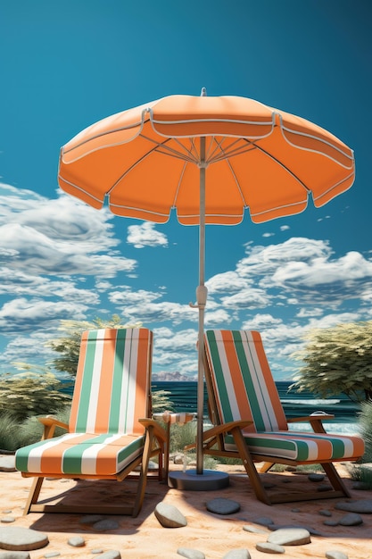 some beach chairs in a tropical beach in the style of light teal and orange