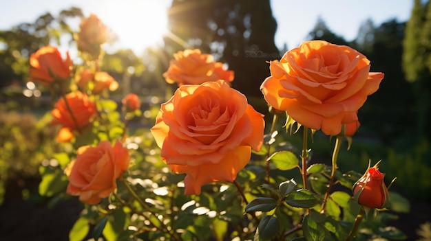 Some beautiful orange roses in the garden in the sun