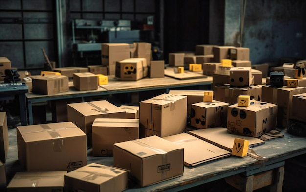 Some boxes on the table in the warehouse