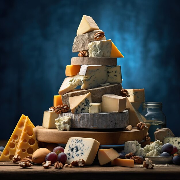 some cheeses are piled up on a wooden board in the style of dark skyblue and amber