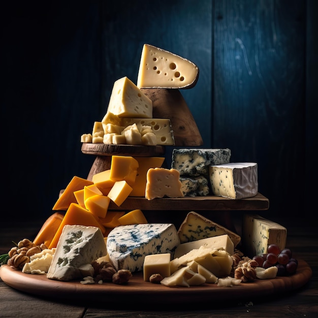 some cheeses are piled up on a wooden board in the style of dark skyblue and amber