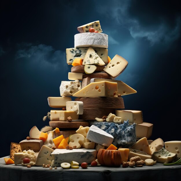 some cheeses are piled up on a wooden board in the style of dark skyblue and amber