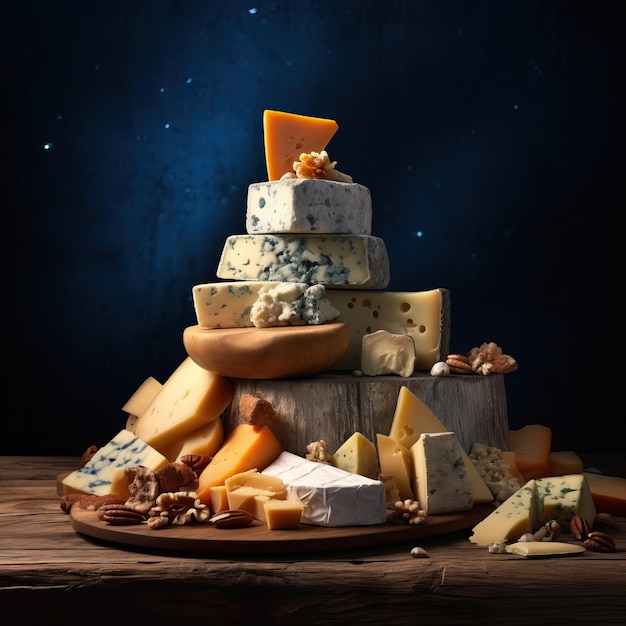 some cheeses are piled up on a wooden board in the style of dark skyblue and amber