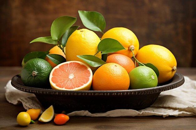 Some citrus fruits in a bronze plate on wooden board