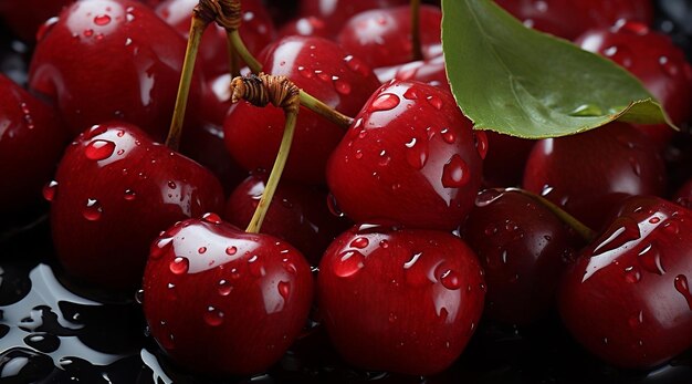 some close up pictures of some cherries mixed with leaves