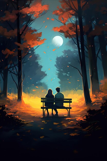 some couple sitting on the bench enjoying the evening air in the style of 2d game art atmospheric