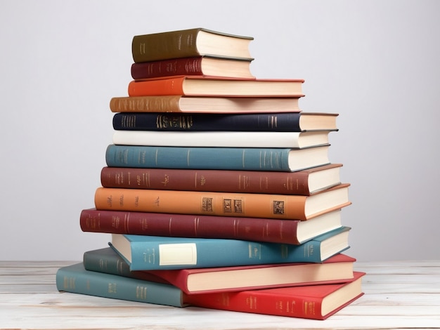 some different colored books arranged on a wooden table