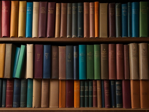 some different colored books arranged on a wooden table