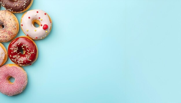 Some donut on the left light blue background with copy space top view