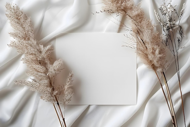 Some dried plants and a blank paper on a white sheet