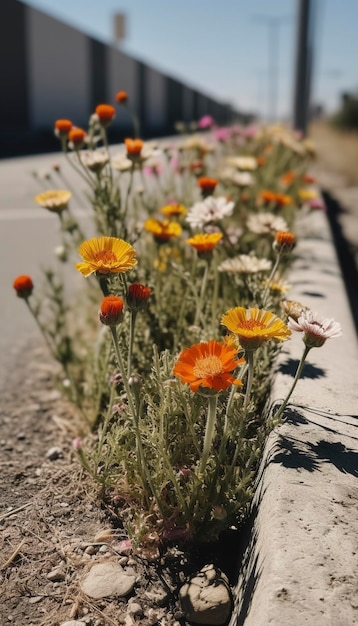 Some flowers are lined up on the side of a road in the style of brutalist duck core spot metering concrete orange prairie core recycled generate ai