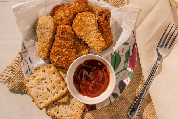 Some fried chicken nuggets on a plate accompanied by kétchup sauce and crackers