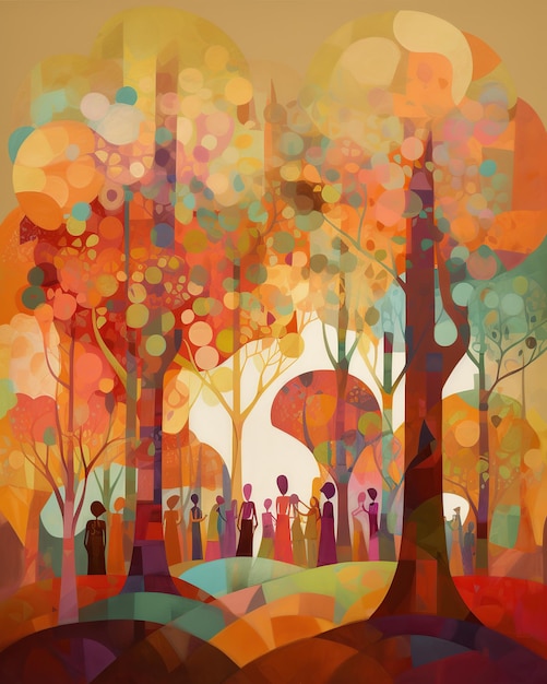 Some people under trees at forest flat illustration AI Generated