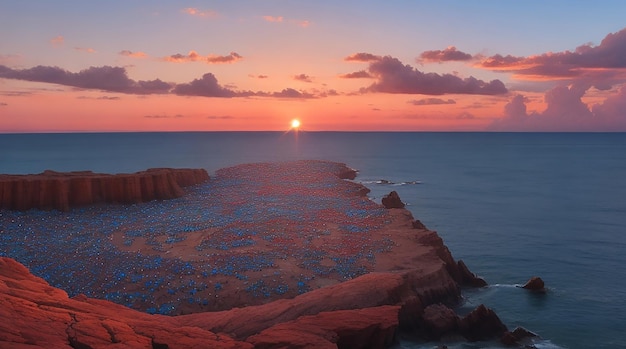 some small diamond shining over a big sea of jewels whit a blue and red sky in the back