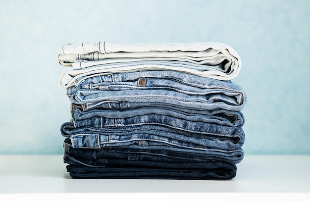 Some stacked blue jeans close up Denim collection