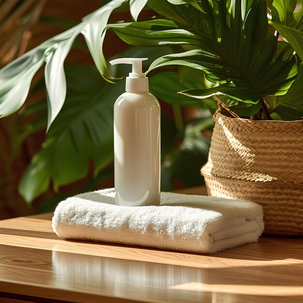 Some towels and a bottle next to a plant