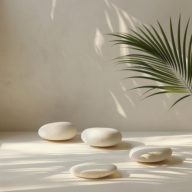 A some white rocks on the floor with palm leaf for product display