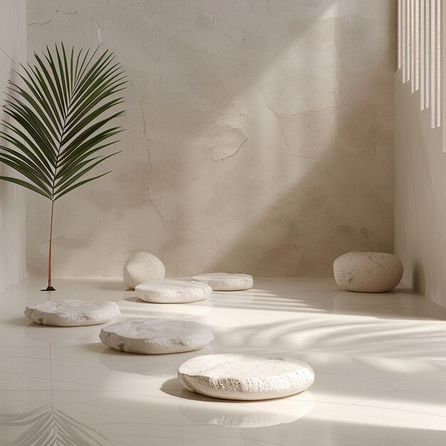 A some white rocks on the floor with palm leaf for product display