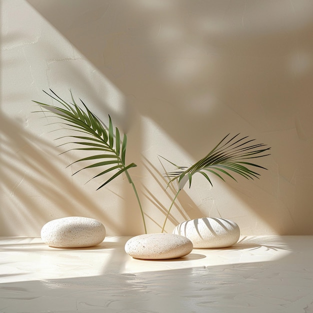 A some white rocks on the floor with palm leaf for product display