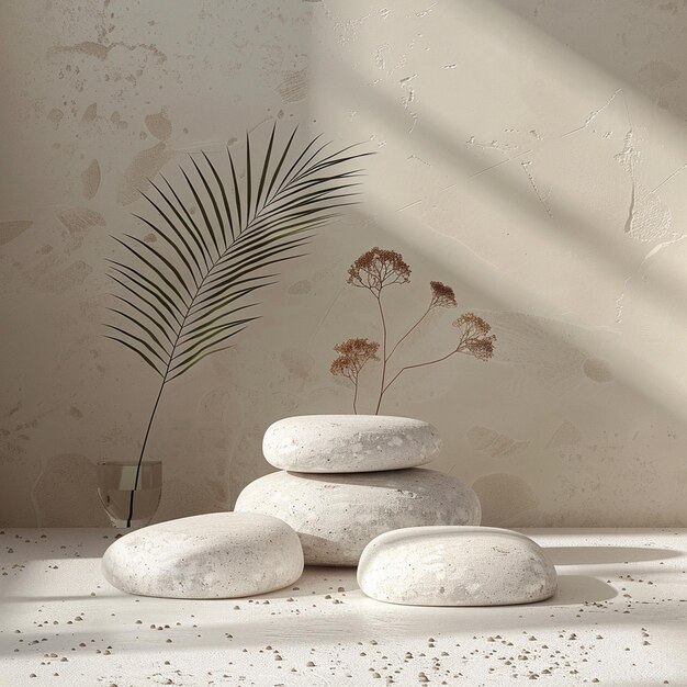 A some white rocks on the floor with palm leaf for product display