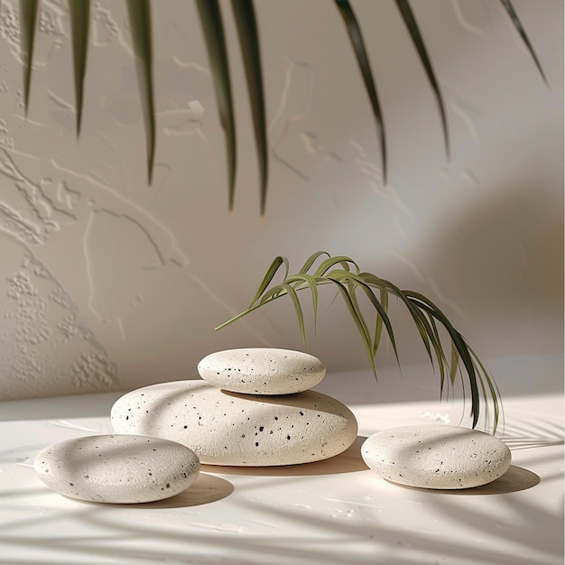 A some white rocks on the floor with palm leaf for product display