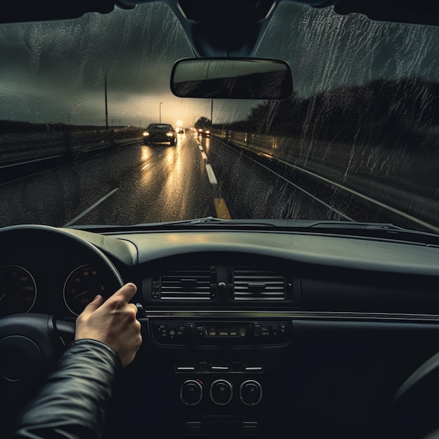 someone driving a car on a rainy road with rain on the windshield generative ai