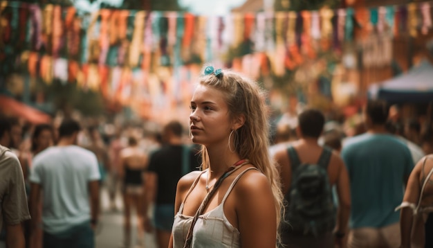 Someone enjoying a summer festival with crowds of people and colorful decorations Generative AI